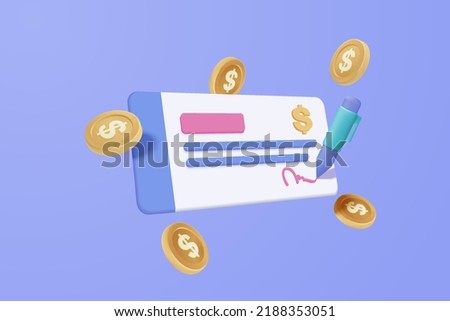 3D bank cheque and money coin with pen, banking payment receipt. Composition with financial business accounts, 3d money and paying invoice bill. 3d money certificate icon vector render illustration