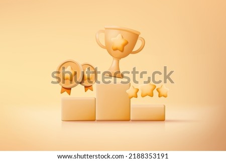 3d winners with golden cup, gold winners stars on podium background. 3d award ceremony first and second and third concept on podium. 3d gold winner awards vector icon render on yellow background