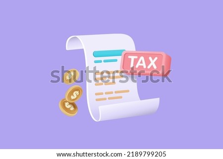 3d tax payment and business tax with money coin on clipboard checklist. Composition with financial annual accounting, calculating and paying invoice. 3d tax payment vector icon render illustration