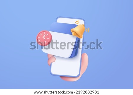 3D reminder in calendar on mobile phone in hand. notifications 3d icon with floating elements. Alert for business planning ,events, reminder and timetable. 3d calendar vector icon render on calendar