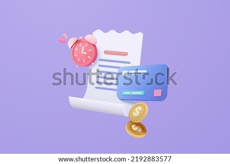 3D bill payment icon with credit card and money financial, payment credit card with clock alert management. 3d bill invoice transaction with money coin. 3d money vector icon render illustration