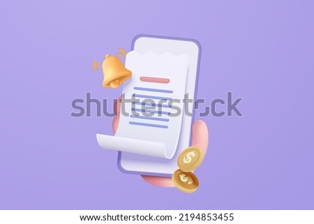 3d pay money with mobile phone banking online payments. Bill on smartphone transaction with money coin. Mobile phone financial alert with bell notification. 3d bill payment vector icon illustration