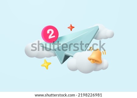 3d paper plane mail icon with bell notification for new message. Minimal 3d email sent letter to social media marketing. Subscribe to newsletter. 3d plane icon vector rendering illustration
