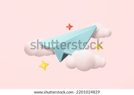 3d paper airplane mail icon on cloud for send message. contact 3d email sent letter to social media online business marketing. Subscribe to newsletter. 3d plane flight icon vector render illustration
