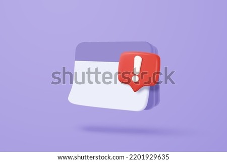 3d calendar date and time for reminder day in purple background. Calendar 3d with red danger attention bell or emergency notifications alert calendar. 3d alarm warning icon vector render illustration