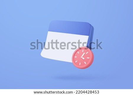 3d calendar marked date time icon for reminder day in blue background. Calendar with clock 3d for date time appointment, event day, holiday planning. 3d alarm clock icon vector render illustration