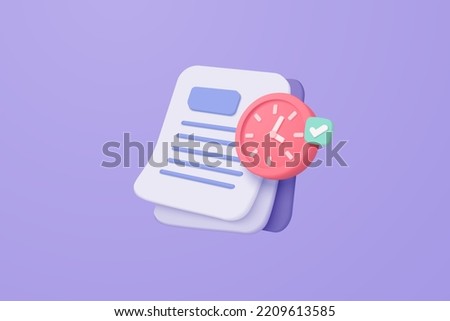 3D minimal document with clock alert on purple background. White clipboard 3d task management todo check list for business planning. 3d exam document and time reminder icon vector render illustration