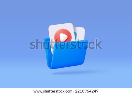 3d folder and paper for management multimedia file, document efficient work on project plan concept. Image and video document minimal folder icon. 3d vector picture render on isolated blue background