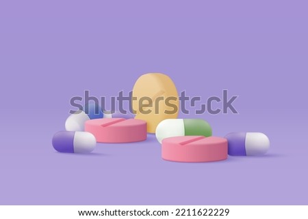 3d pharmacy drug for health pharmaceutical on purple background. Cartoon minimal of first aid and health care. Medical symbol of emergency help. 3d aid medicine icon vector render illustration