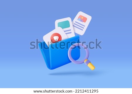 3d media file data management concept. Searching image and video files in database. Document data management, document check, compound docs 3d concept. 3d magnifying icon vector rendering illustration