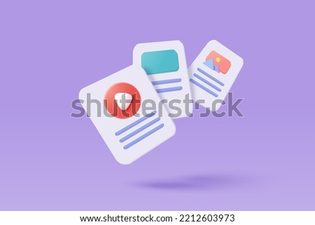 3D media data with video and photo gallery library. 3d article image and video file in database. Document management, document form, photo gallery data concept. 3d file icon vector render illustration