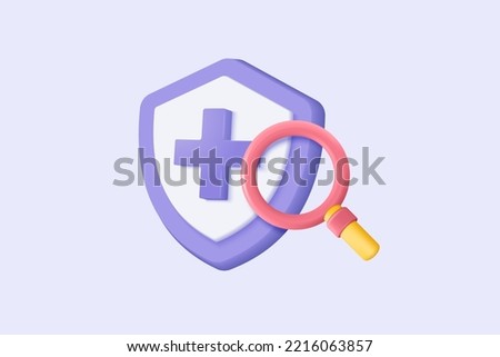 3d purple plus sign with search icon or magnifying glass. First aid and health care with insurance shield. Medical 3d symbol of emergency help. 3d insurance shield icon vector render illustration