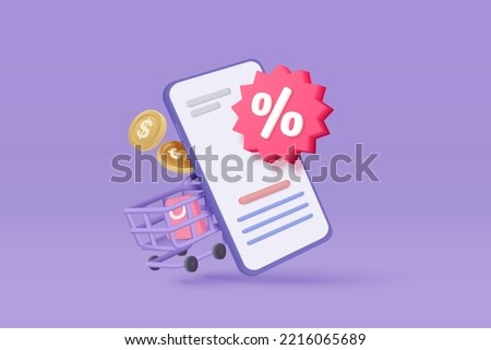 3d mobile phone with price tags for online shopping discount. Basket 3d with promotion tag discount coupon off mobile phone, special offer promotion. 3d price tags icon vector render illustration