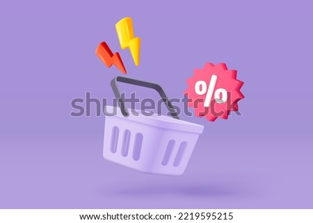 3d shopping bag with price tags for online shopping and digital marketing concept. Basket and promotion tag on purple background. Shopping bag for buy, sale, discount. 3d vector icon illustration