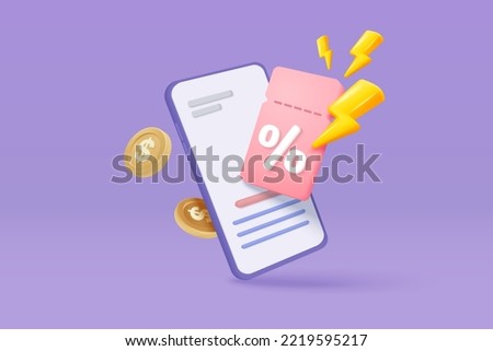 3D thunder bolt icon with coupon for sale and shopping online, discount coupon in mobile phone. flash lightning on alert notice special offer promotion. 3d price tags icon vector render illustration