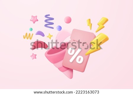3d party poppers icon with flying confetti and tags sale promotion. Firecracker 3d with ribbon explode for promo surprise, online shopping in new year sale. 3d promo icon vector render illustration