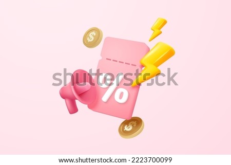 3D promo code online icon with speaker for sales and shopping online, discount promo coupon  online. flash lightning 3d on notice special offer promotion. 3d price icon vector render illustration