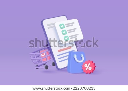 3d mobile phone with price tags for online shopping concept. Basket with promotion tag discount coupon of cash for future, check list for promotion. 3d price tags icon vector render illustration
