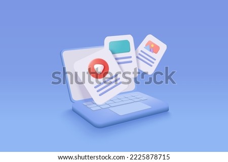 3d file transfer of document in folder, file transfer on notebook, connection docs content migration. Access 3d icon to remote file and folder. 3d document exchange icon vector render Illustration