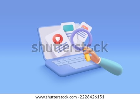 3d media file transfer of document in folder, search video and image picture in laptop, research document system. Magnify 3d icon business find media on laptop. 3d find icon vector render Illustration