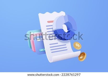 3D bill payment with credit card and financial invoice, payment credit card with clock alert notification. Invoice transaction 3d with money coin. 3d money receipt vector icon render illustration