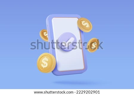 3D money payment transfer money system online payment icon concept, Bundles cash and saving coins exchange with 3d mobile phone banking. 3d mobile phone and money coin icon vector render illustration