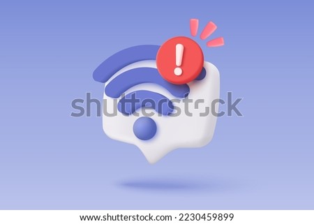 3d wireless or wifi and sharing network with alert notice icon. Hotspot access point for false, problem, fail to connect. Broadcasting area with WiFi. 3d public wifi vector icon render illustration Foto stock © 