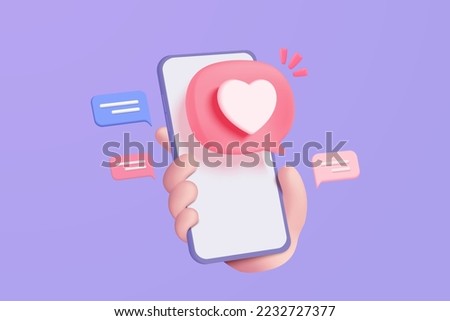 3D social media online platform concept, online social communication on applications, Mobile phone with heart and love emoji icon, like and play in red bubble 3d icons. 3d vector render concept
