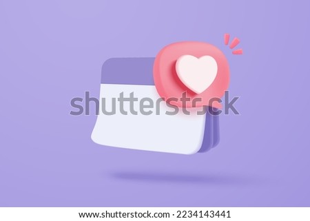 3d calendar marked date with love icon. Happy valentine day, pastel calendar with red heart for schedule appointment, event day, holiday planning concept 3d icon vector render isolated background