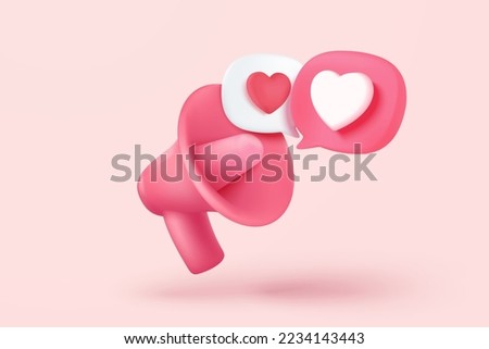 3d megaphone speaker for announce romantic valentine emoji. Valentine's Day festive decorative love, heart and love emoji icon feeling. 3d speakerphone romance icon vector render illustration