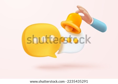 3D minimal notification bell icon with bubble speech floating around on pastel background. new alert concept for social media element. 3d bell alarm icon for message vector render illustration