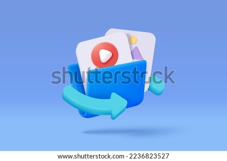 3d file transfer of document folder, file transfer encrypted form, connection docs for share file. 3d download icon. Access to remote file and folder. 3d document exchange vector render Illustration