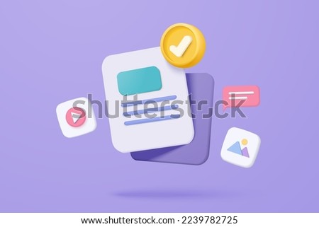 3D media data with video and photo gallery library. Searching contents media files. Document management soft, document form, compound docs 3d content concept. 3d file icon vector render illustration