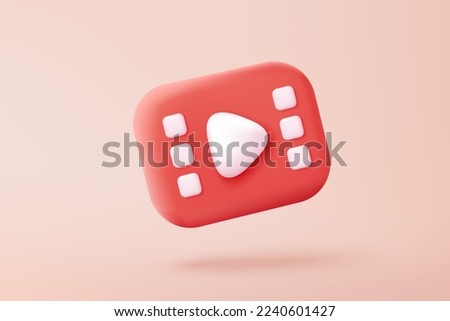 3D cinema movie ticket with minimal film theater play icon, ready for watch movie in theatre. Media film 3d for entertainment, booking ticket service. 3d vector cinema icon render illustration