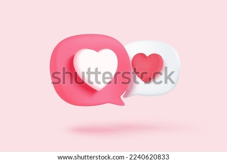 3D social media online platform concept, online social communication on applications, Photo frame with heart and love emoji icon, like and play in red bubble icons. 3d heart vector render concept
