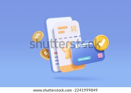 3D cinema movie ticket with online money credit payment, watch movie in theatre. 3d shopping entertainment online, book ticket and payment credit card. 3d vector cinema coupon icon render illustration