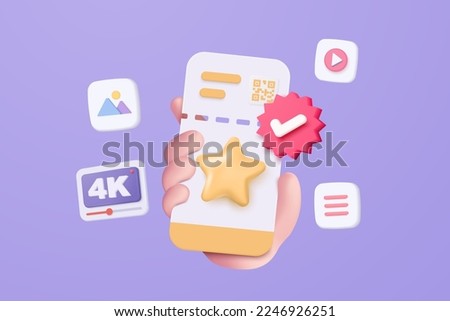3D cinema movie ticket with film theater live icon, ready for watch movie in theatre. Media film for entertainment feedback 3d icon, booking ticket. 3d vector cinema coupon icon render illustration