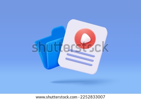 3d archive folder and paper for management multimedia file, document efficient work on project plan. Image and video document minimal folder 3d icon. 3d media archive vector blue render illustration