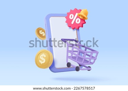 3d mobile phone with price tags notify for online shopping. Basket 3d with tag discount coupon of money for future, special offer promotion on mobile. 3d commerce icon vector render illustration