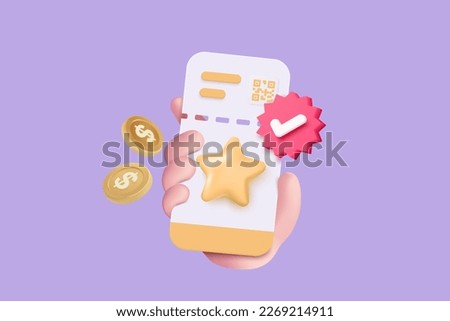3D cinema movie ticket with online money payment in hand, ready for watch movie  in theatre. Media film for entertainment, booking ticket service. 3d vector cinema coupon icon render illustration