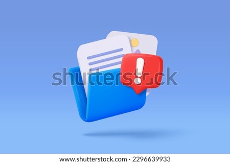 3d folder and paper for management multimedia file. document file work on project plan. no entry, problem, fail warning. Image and video document folder. 3d icon vector render illustration