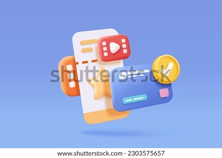 3D cinema movie ticket with online money payment, watch movie in theatre. Media film for entertainment, booking ticket and payment credit card. 3d vector cinema coupon icon render illustration