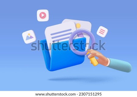 3d icon media file content management. Searching image and video files in database. 3d Document management soft, document flow media, compound docs. 3d magnifying icon vector rendering illustration