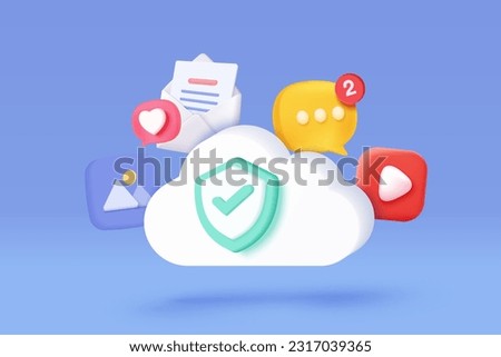 3d media cloud for management multimedia file document. Image and video document folder on 3d digital file, app with data transfer notification icon. 3d cloud storage icon vector render illustration