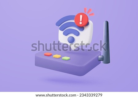 3d wireless connect and sharing network on internet with alert notice. Hotspot access point for false, problem, fail to connect. Broadcasting area with WiFi. 3d signal vector icon render illustration