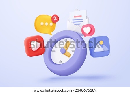 3d alarm clock icon for success delivery with media for management multimedia file document. Image and video document folder on digital file. 3d clock bubble icon vector render illustration