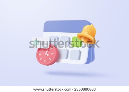 3d calendar icon marked date and time for event meeting reminder. Calendar with 3d clock for schedule appointment, deadline event day, holiday planning. 3d alarm clock icon vector render illustration