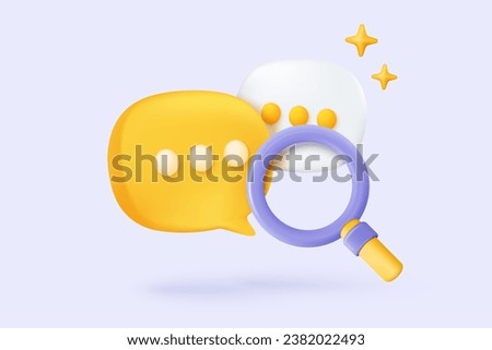 3D glass magnifier notification icon with bubble speech floating around. glass with speech chat concept for social media 3d element. 3d magnify search icon for message vector render illustration