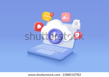 3d download data to cloud computing with laptop for digital file sharing and data transfer system. 3d download multimedia data icon to notebook. 3d cloud storage icon vector render illustration