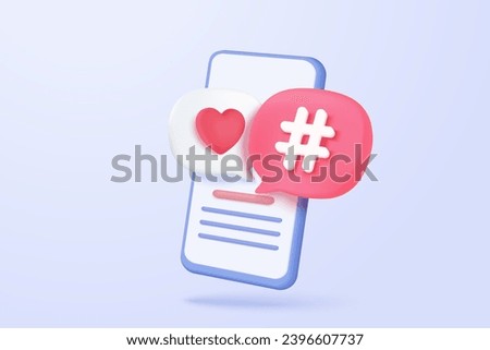 3D hashtag bubble icon social media online platform concept, online social communication, Photo frame with heart and love emoji icon, like and play in red bubble 3d icons. 3d vector render concept